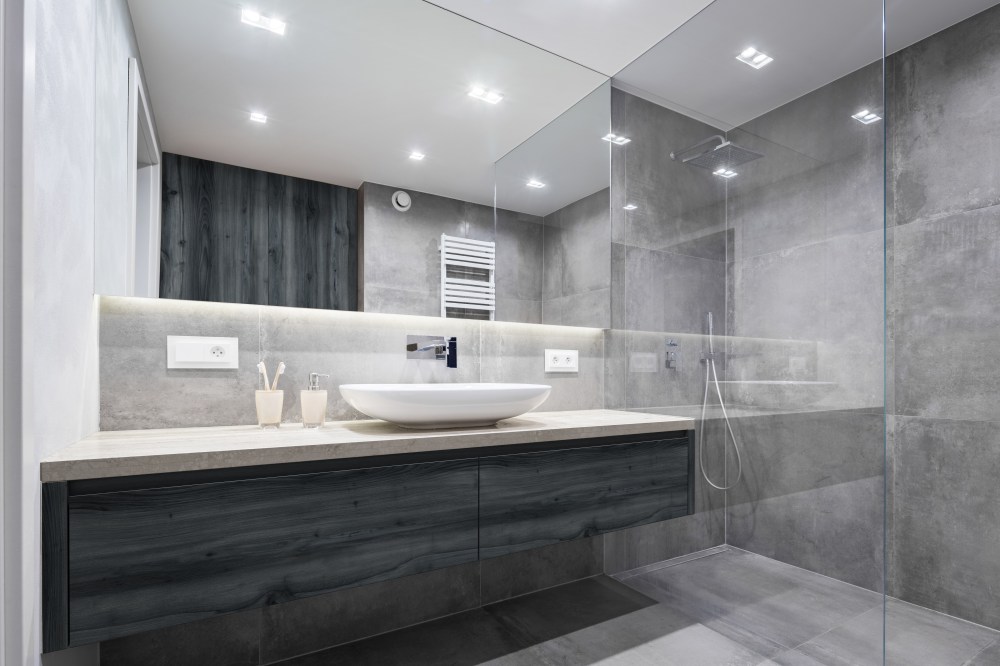 Bathroom with shower and mirror